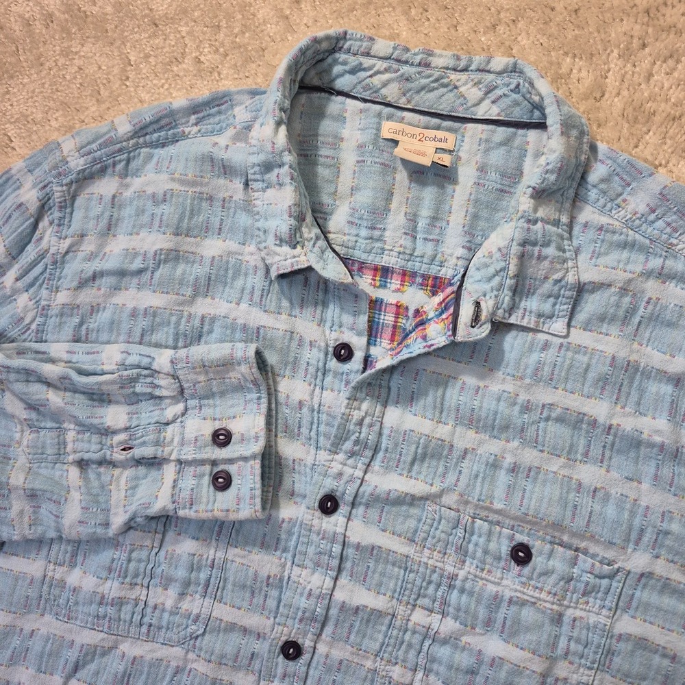 Carbon 2 Cobalt Men XL Sea Change Shirt Button Up Blue Gauze Cotton Patchwork